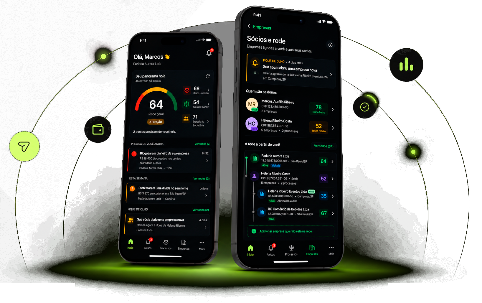 Telas do App do Empresário: painel inicial e rede de sócios